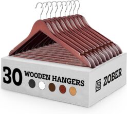 Zober Wooden Hangers 30 Pack - Non Slip Wood Clothes Hanger for Suits, Pants, Jackets w/Bar & Cut Notches - Heavy Duty Clothing Hanger Set - Coat Hangers for Closet - Cherry