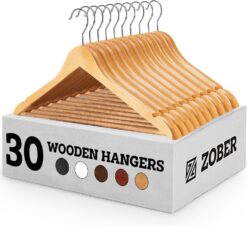 Zober Wooden Hangers 30 Pack - Non Slip Wood Clothes Hanger for Suits, Pants, Jackets w/Bar & Cut Notches - Heavy Duty Clothing Hanger Set - Coat Hangers for Closet - Natural