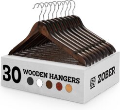 Zober Wooden Hangers 30 Pack - Non Slip Wood Clothes Hanger for Suits, Pants, Jackets w/Bar & Cut Notches - Heavy Duty Clothing Hanger Set - Coat Hangers for Closet - Vintage