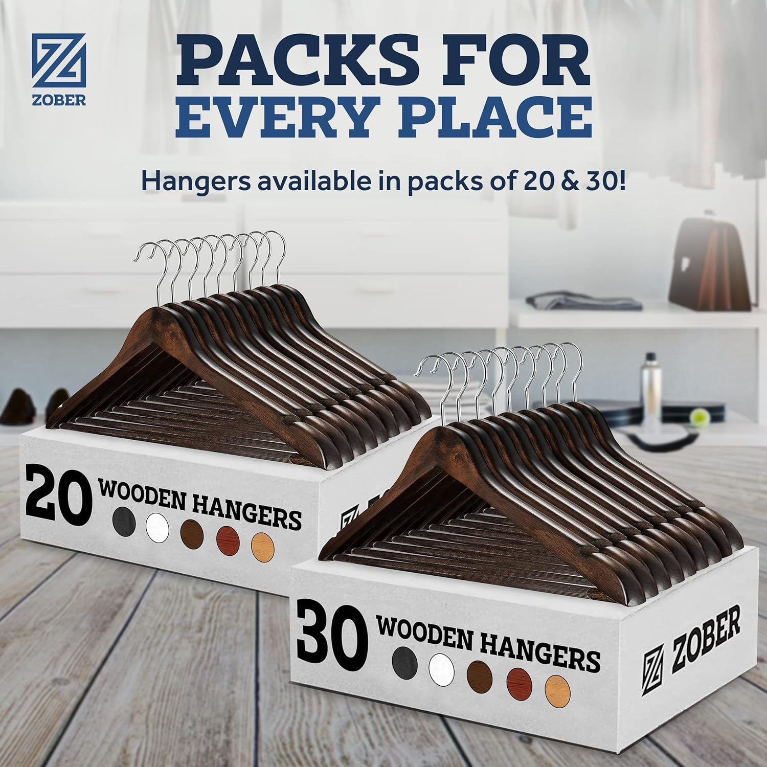 Zober Wooden Hangers 30 Pack - Non Slip Wood Clothes Hanger for