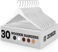 Zober Wooden Hangers 30 Pack - Non Slip Wood Clothes Hanger for Suits, Pants, Jackets w/Bar & Cut Notches - Heavy Duty Clothing Hanger Set - Coat Hangers for Closet - White