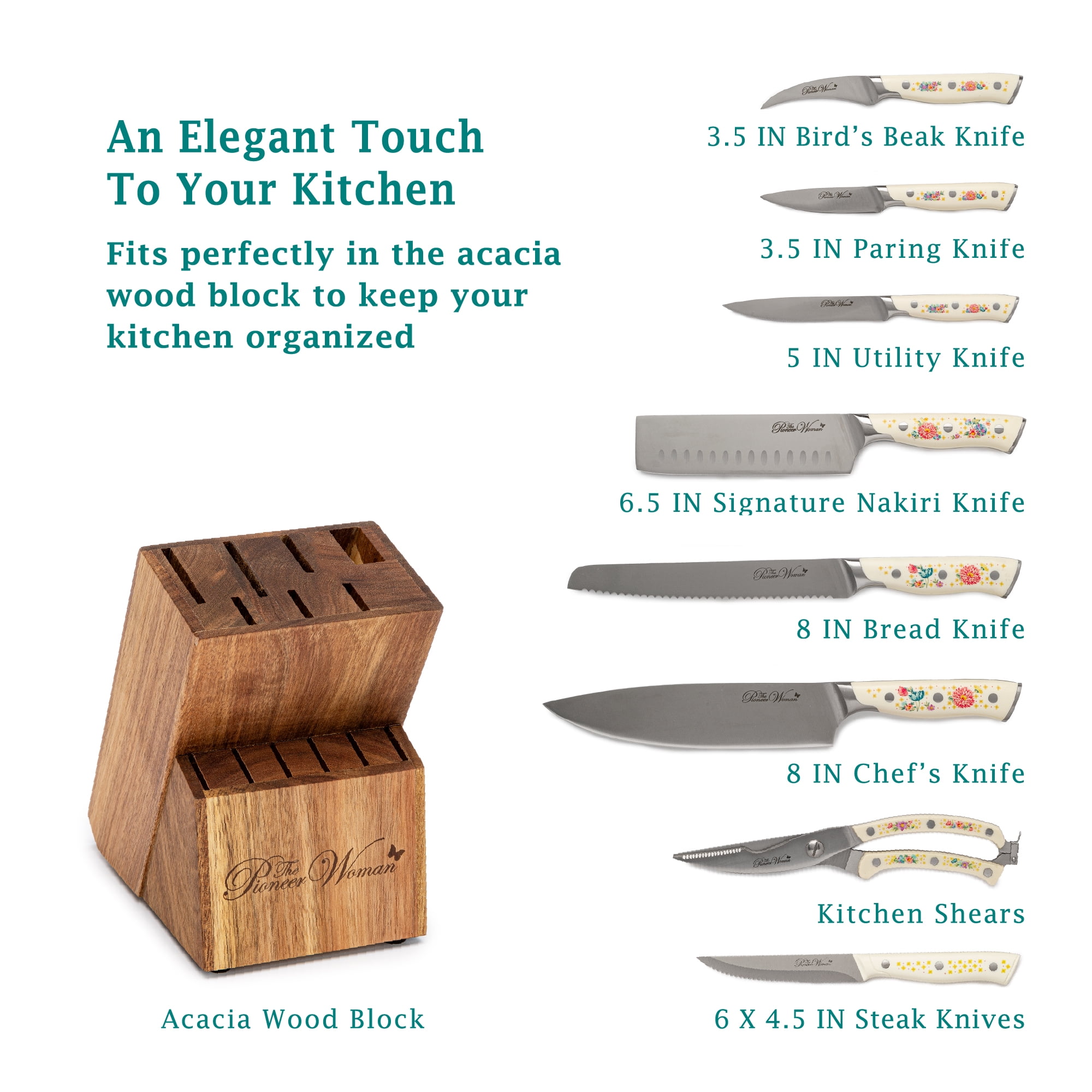 The Pioneer Woman Pioneer Signature 14-Piece Stainless Steel Knife Block  Set, Floral