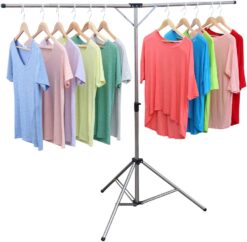 exilot Foldable Portable Space Saving Clothes Drying Rack, Heavy Duty Stainless Steel Laundry Drying Racks, Adjustable High Capacity Garment Rack, with Windproof Hooks.