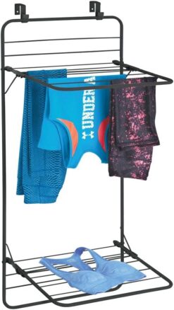 mDesign Steel Collapsible Over The Door, Hanging Laundry Dry Rack Clothes Organizer, 2 Tiers - for Indoor Air-Drying Clothing, Towels, Lingerie, Hosiery, Delicates - Folds Compact - Black