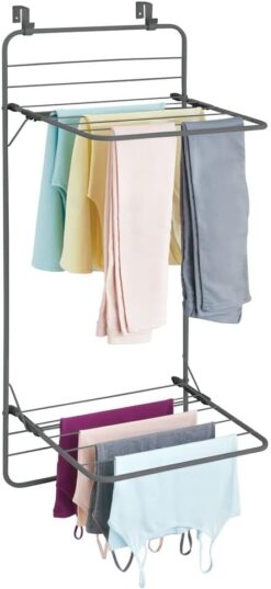 mDesign Steel Collapsible Over The Door, Hanging Laundry Dry Rack Clothes Organizer, 2 Tiers - for Indoor Air-Drying Clothing, Towels, Lingerie, Hosiery, Delicates - Folds Compact - Graphite Gray
