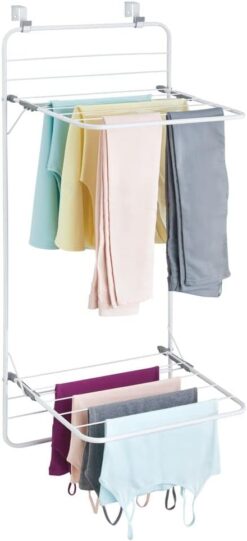 mDesign Steel Collapsible Over The Door, Hanging Laundry Dry Rack Clothes Organizer, 2 Tiers - for Indoor Air-Drying Clothing, Towels, Lingerie, Hosiery, Delicates - Folds Compact - White/Gray