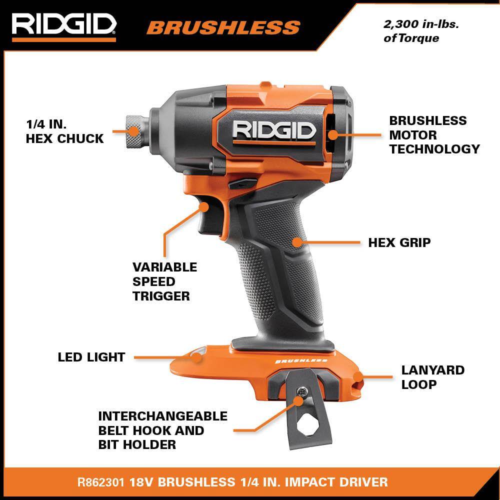 18V 1/4 in. Brushless Impact Driver, RIDGID Tools