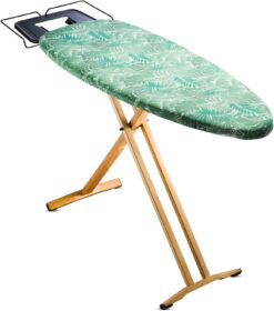 Bartnelli Pro Luxury Ironing Board Beech Wood Legs - Extra Wide 51x19” with Heavy Duty Steam Iron Rest, and Wheels for Easy Storage, Adjustable Height, T-Leg, Foldable, European Made