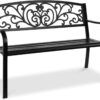 Best Choice Products Outdoor Bench Steel Garden Patio Porch Furniture for Lawn, Park, Deck w/Floral Design Backrest, Slatted Seat - Black