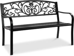 Best Choice Products Outdoor Bench Steel Garden Patio Porch Furniture for Lawn, Park, Deck w/Floral Design Backrest, Slatted Seat - Black