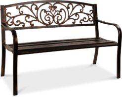 Best Choice Products Outdoor Bench Steel Garden Patio Porch Furniture for Lawn, Park, Deck w/Floral Design Backrest, Slatted Seat - Brown