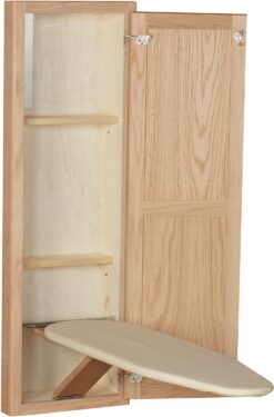 Household Essentials Ironing Board Cabinet, In-Wall Recessed Ironing Board Cabinet with Storage Shelves, Unfinished Wood, Oak