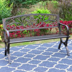 MFSTUDIO 50 Inches Outdoor Garden Bench,Cast Iron Metal Frame Patio Park Bench with Floral Pattern Backrest,Arch Legs for Porch,Lawn,Yard-Bronze