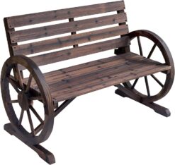 Outsunny Wooden Wagon Wheel Bench, Rustic Outdoor Patio Furniture, 2-Person Seat Bench for Backyard, Patio, Garden, 41.5