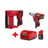Milwaukee 2462-20-2447-20-48-59-2420 M12 12V Lithium-Ion Cordless 1/4 in. Hex Impact and 3/8 in. Crown Stapler Combo Kit W/(1) 2.0Ah Battery and Charger