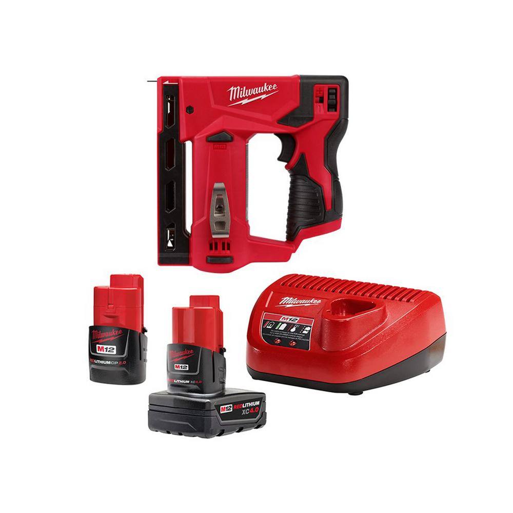 Milwaukee 48-59-2424-2447-20 M12 12-Volt Lithium-Ion 4.0 Ah and 2.0 Ah  Battery Packs and Charger Starter Kit w/ 3/8 in. Crown Stapler |  Bigbigmart.com