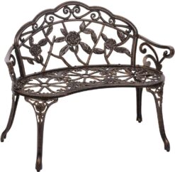 FDW Garden Bench Park Bench Metal Bench Outdoor Benches Patio Yard Bench Floral Rose Accented Bronze - 1