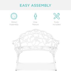 Best Choice Products Outdoor Bench Steel Garden Patio Porch Loveseat Furniture for Lawn, Park, Deck Seating w/Floral Rose Accent, Antique Finish - White - 7