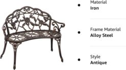 FDW Garden Bench Park Bench Metal Bench Outdoor Benches Patio Yard Bench Floral Rose Accented Bronze - 8