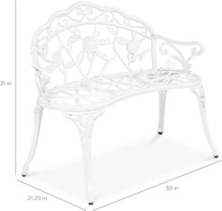 Best Choice Products Outdoor Bench Steel Garden Patio Porch Loveseat Furniture for Lawn, Park, Deck Seating w/Floral Rose Accent, Antique Finish - White - 2
