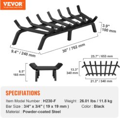 VEVOR Fireplace Grate, 30 inch Heavy Duty Fireplace Pit Grill Grate with 6 Support Legs, 3/4'' Solid Powder-Coated Steel Bars, Fire Logs Firewood Burning Rack Holder for Indoor and Outdoor Fireplace - 7