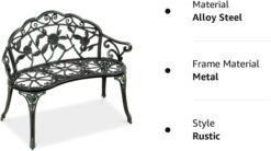 Best Choice Products Outdoor Bench Steel Garden Patio Porch Loveseat Furniture for Lawn, Park, Deck Seating w/Floral Rose Accent, Antique Finish - Black/Green - 8