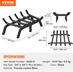 VEVOR Fireplace Grate, 24 inch Heavy Duty Fireplace Pit Grill Grate with 6 Support Legs, 3/4'' Solid Powder-Coated Steel Bars, Fire Logs Firewood Burning Rack Holder for Indoor and Outdoor Fireplace - 7