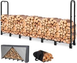 NEOCOZY 8FT Firewood Rack Outdoor with Cover, Heavy Duty Wood Holder with Log Carrier, Adjustable & Waterproof Log Holder Wood Storage Stand for Fireplace Patio Outdoor, Black - 1