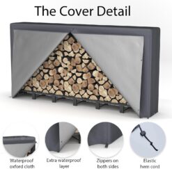 NEOCOZY 8FT Firewood Rack Outdoor with Cover, Heavy Duty Wood Holder with Log Carrier, Adjustable & Waterproof Log Holder Wood Storage Stand for Fireplace Patio Outdoor, Black - 3