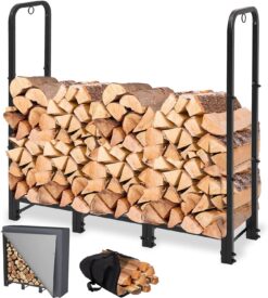 NEOCOZY 4FT Firewood Rack Outdoor with Cover, Heavy Duty Wood Holder with Log Carrier, Adjustable & Waterproof Log Holder Wood Storage Stand for Fireplace Patio Outdoor, Black - 1