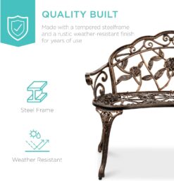 Best Choice Products Outdoor Bench Steel Garden Patio Porch Loveseat Furniture for Lawn, Park, Deck Seating w/Floral Rose Accent, Antique Finish - Bronze - 4