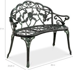 Best Choice Products Outdoor Bench Steel Garden Patio Porch Loveseat Furniture for Lawn, Park, Deck Seating w/Floral Rose Accent, Antique Finish - Black/Green - 2