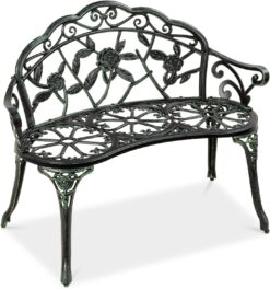 Best Choice Products Outdoor Bench Steel Garden Patio Porch Loveseat Furniture for Lawn, Park, Deck Seating w/Floral Rose Accent, Antique Finish - Black/Green - 1