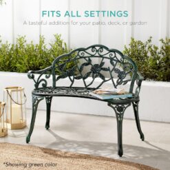 Best Choice Products Outdoor Bench Steel Garden Patio Porch Loveseat Furniture for Lawn, Park, Deck Seating w/Floral Rose Accent, Antique Finish - White - 3