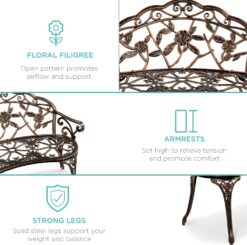 Best Choice Products Outdoor Bench Steel Garden Patio Porch Loveseat Furniture for Lawn, Park, Deck Seating w/Floral Rose Accent, Antique Finish - Bronze - 6