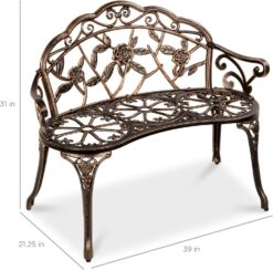 Best Choice Products Outdoor Bench Steel Garden Patio Porch Loveseat Furniture for Lawn, Park, Deck Seating w/Floral Rose Accent, Antique Finish - Bronze - 2