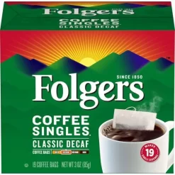 Folgers Coffee Singles Medium Roast Decaf Coffee Bags, 19 Count (Pack of 6)
