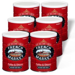 French Market Coffee, Coffee and Chicory, Medium-Dark Roast Ground Coffee, 12 Ounce Metal Can (Pack of 6)