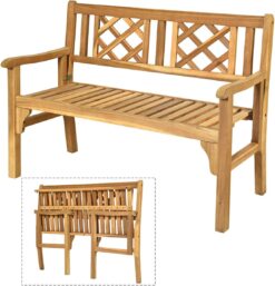 Giantex Outdoor Bench, Patio Wooden Bench, 4 Ft Foldable Acacia Wood Garden Bench, Outside Loveseat with Curved Backrest and Armrest, 705Lbs Weight Capacity, Park Bench for Outdoors, Porch, Balcony