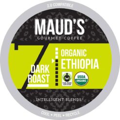 Maud's Organic Ethiopian Coffee Pods, 50 ct | Fair Trade Single Origin Ethiopia | 100% Arabica Organic Dark Roast Coffee | Solar Energy Produced Recyclable Pods Compatible with Keurig K Cups Maker