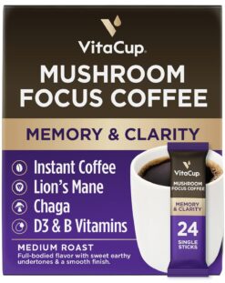 VitaCup Focus Mushroom Coffee Instant Packets, for Memory & Clarity Support, w/Fiber, Chaga, Lion’s Mane, D3, B Vitamins, Medium Roast, 100% Arabica & Robusta Coffee in Single Serve Sticks, 24 Ct