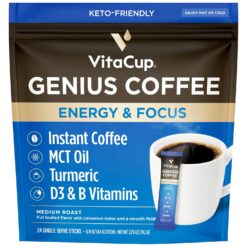 VitaCup Genius Instant Coffee Packets, Increase Energy & Focus, Keto Coffee, Serve Hot or Cold Brew, MCT Oil, Turmeric, B Vitamins, D3, Bold & Smooth,100% Arabica Coffee in Single Serve Sticks, 24 Ct