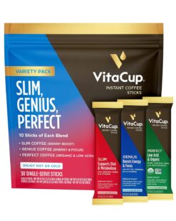 VitaCup Instant Coffee Sticks, Slim w/Garcinia for Diet & Metabolism, Keto Genius w/MCT Oil for Energy & Focus 10ct, & Low Acid USDA Organic Chemical Free Perfect 10ct, Coffee 30ct Bundle