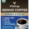 VitaCup Organic Genius Keto Coffee Pods, Increase Energy & Focus w/MCT Oil, Turmeric, B Vitamins, D3, Medium Dark Roast, Bold, Smooth, Single Serve Pod Compatible w/Keurig K-Cup Brewers, 24 Ct