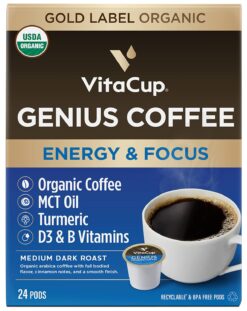 VitaCup Organic Genius Keto Coffee Pods, Increase Energy & Focus w/MCT Oil, Turmeric, B Vitamins, D3, Medium Dark Roast, Bold, Smooth, Single Serve Pod Compatible w/Keurig K-Cup Brewers, 24 Ct