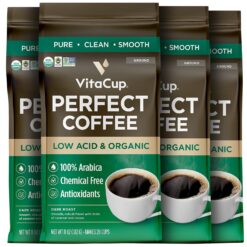 VitaCup Perfect Low Acid Coffee Ground, USDA Organic & Fair Trade, Mycotoxin Free, Dark Roast Guatemala Single Origin, Clean & Pure for Drip Coffee Brewers and French Press, 4 bags, 11oz each