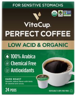 VitaCup Perfect Low Acid Coffee Pods, USDA Organic & Fair Trade, Mycotoxin Free, Dark Roast Guatemala Single Origin, Clean & Pure Recyclable Single Serve Pod compatible w/Keurig K-Cup Brewers,24 CT