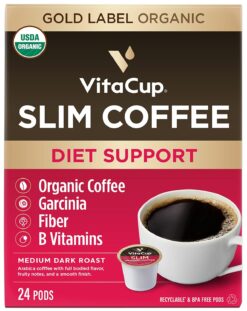 VitaCup Slim Organic Coffee Pods, Diet Support with Ginseng, Garcinia, B Vitamins, Bold Medium Dark Roast, Single Serve Pod, Compatible with Keurig K-Cup Brewers,24 Ct