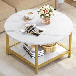 YITAHOME Round Coffee Tables for Living Room Marble Coffee Table Circle Coffee Table with Storage Shelf Wood Coffee Table Modern Center Table for Living Room, Gold and White