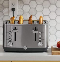 GE Stainless Steel Toaster | 4 Slice | Extra Wide Slots for Toasting Bagels, Breads, Waffles & More | 7 Shade Options for the Entire Household to Enjoy | Countertop Kitchen Essentials | 1500 Watts - 2